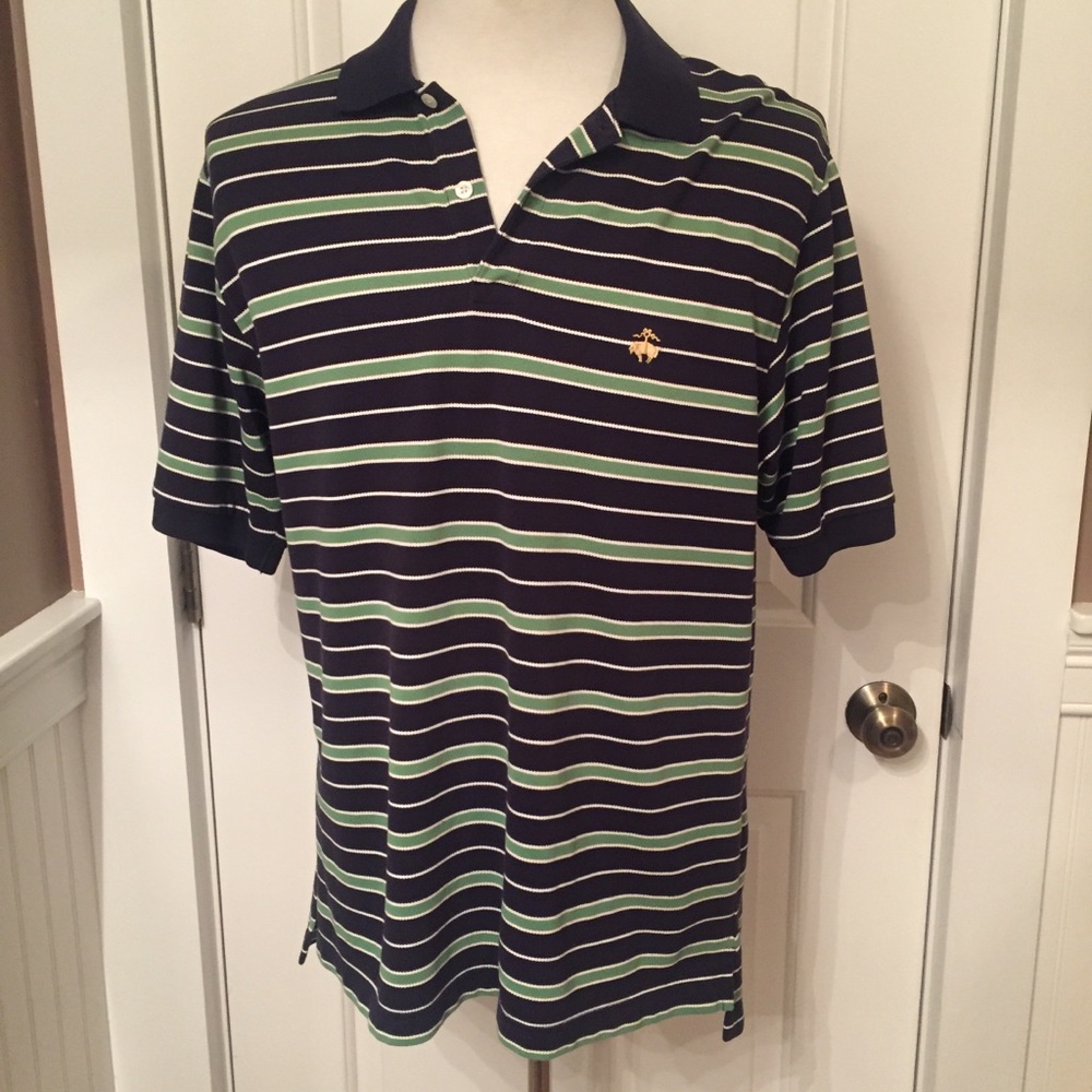 BROOKS BROTHERS MENS POLO SHIRT BLUE WHITE GREEN STRIPE SHORT SLEEVE Size L